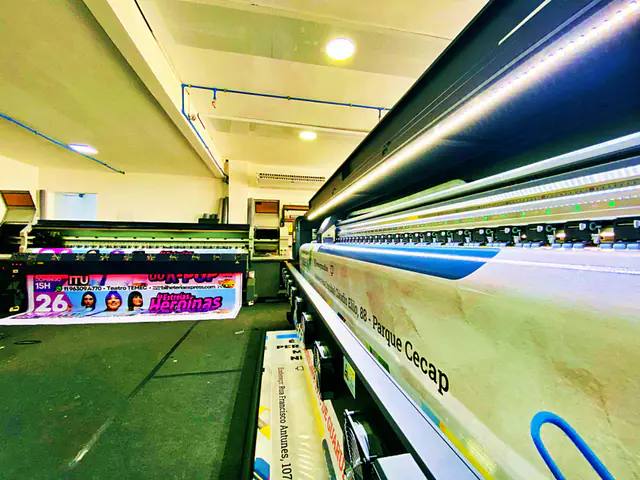 Impressora de grande formato produzindo banner colorido.